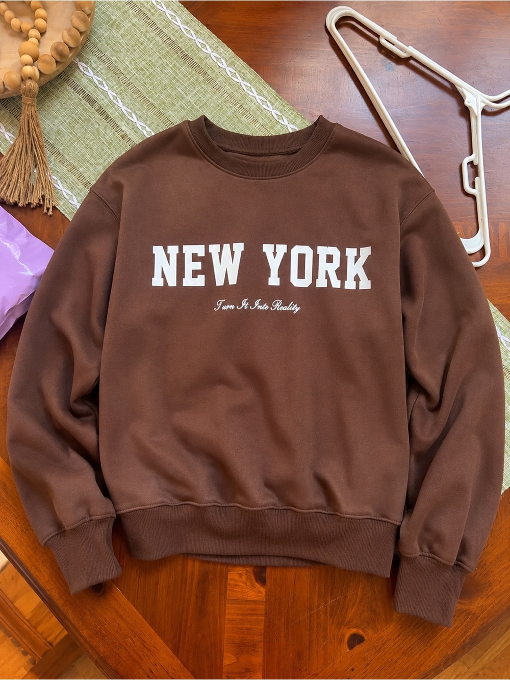 SHEIN Brown Crewneck Sweatshirt with White NEW YORK Print